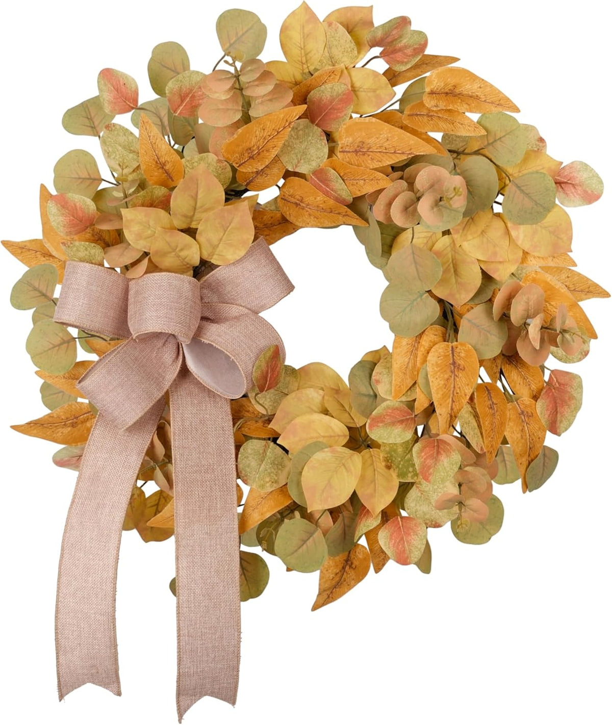 Fall Wreath for Front Door 24 Inch, Autumn Colored Faux Leaves Wreath with Bow, Simple & Minimalist