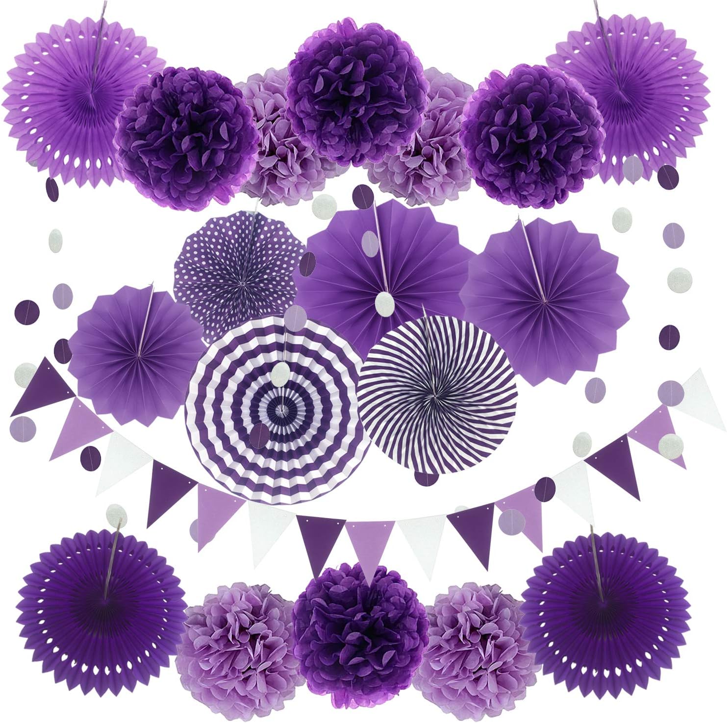 ZERODECO Party Decoration, 21 Pcs Purple and Lavender Hanging Paper Fans, Pom Poms Flowers