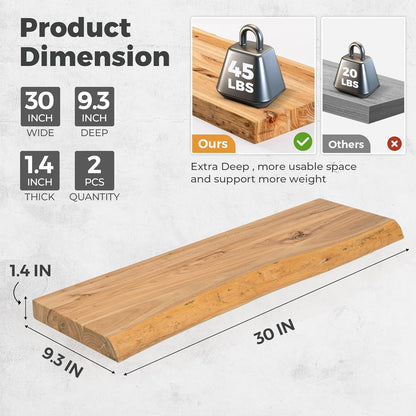 RICHFOCUS Live Edge Elm Floating Shelves - 30" W x 9.3" D Rustic Solid Wood Wall Shelves with