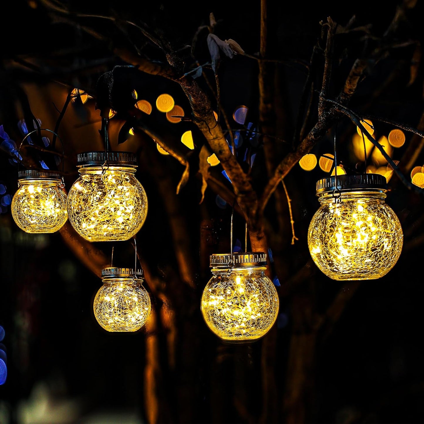 Cooo 2 Pack Crackle Glass Solar Lantern with 30 LED Firefly Lights– Waterproof Outdoor Hanging Lamp