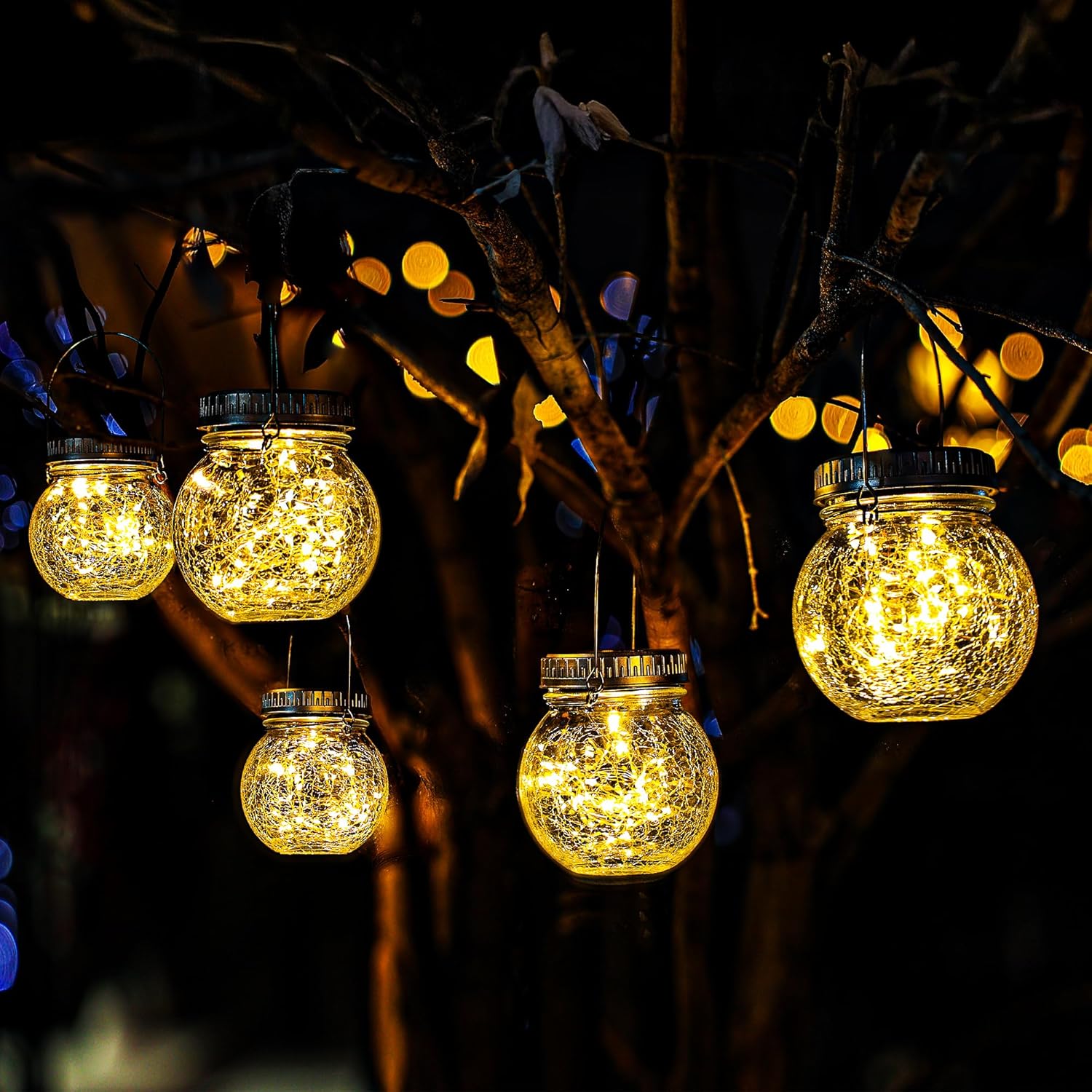 Cooo 2 Pack Crackle Glass Solar Lantern with 30 LED Firefly Lights– Waterproof Outdoor Hanging Lamp