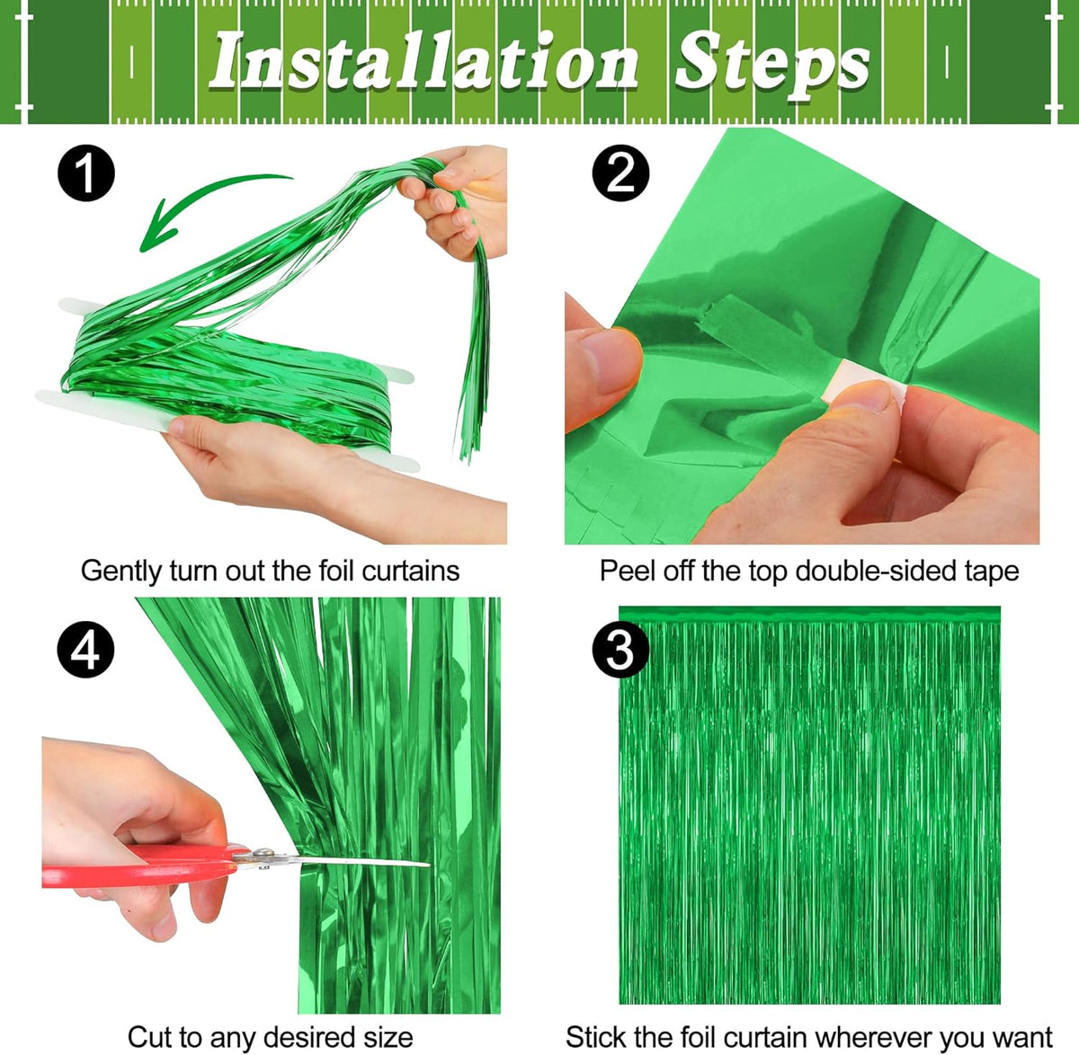 12 Pack Party Decorations, 3.28 FT x 7.05 FT Green Streamer, Metallic Birthday Backdrop Foil Fringe