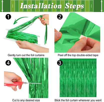 12 Pack Party Decorations, 3.28 FT x 7.05 FT Green Streamer, Metallic Birthday Backdrop Foil Fringe
