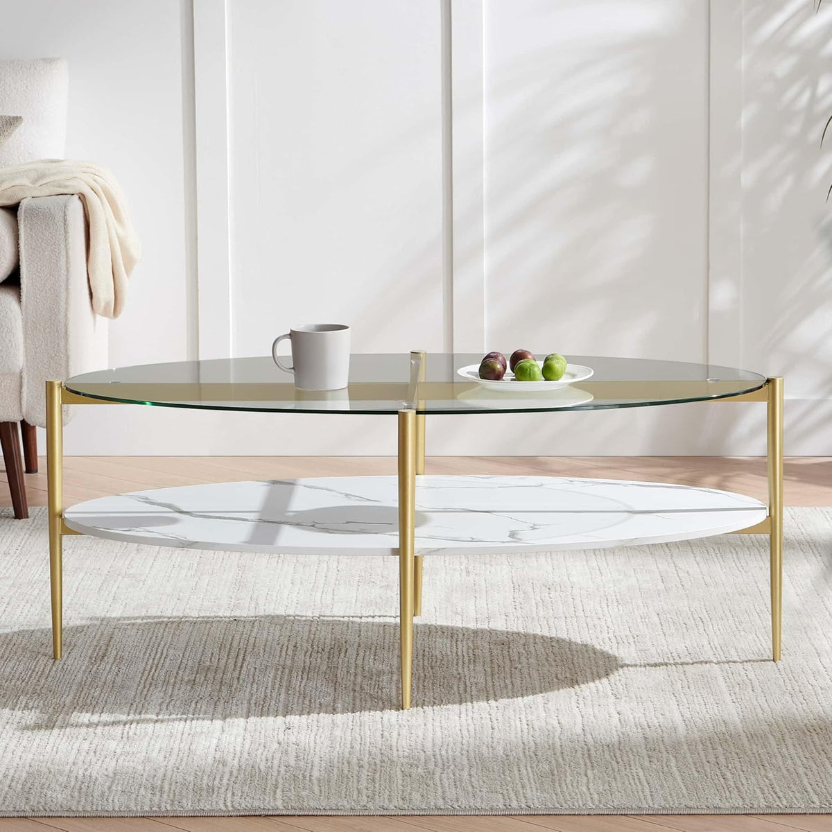 Oval Glass Coffee Table, Mid-Century Modern Design, L43 x W22 x H17 inch, Surfboard Shaped Clear