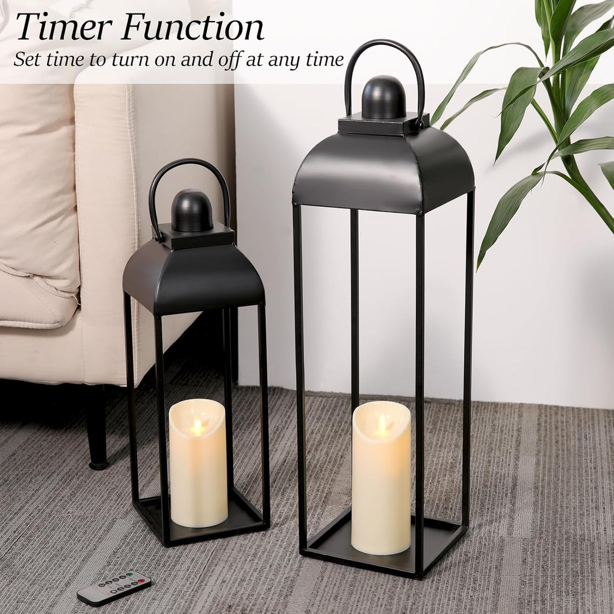 25'' 19'' Lanterns Decorative Outdoor Indoor, Black Metal Outdoor Candle Lanterns, Set of 2 Modern