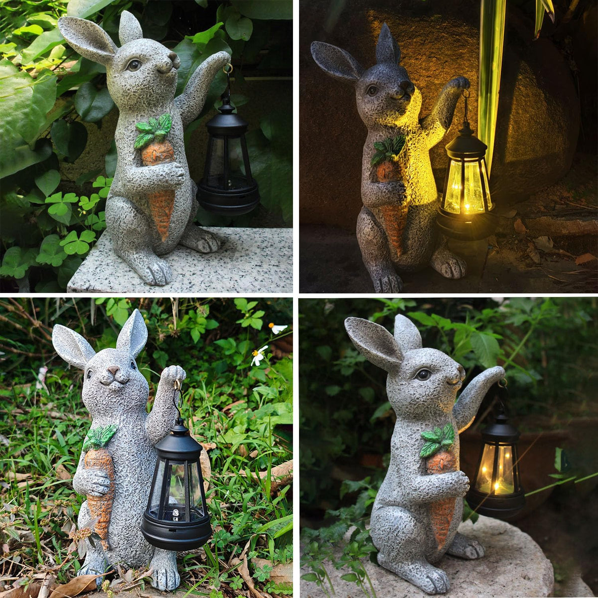Garden Statues Rabbit Solar Lantern Outdoor Handmade Resin Statue Bunny with Cute Carrot for Patio