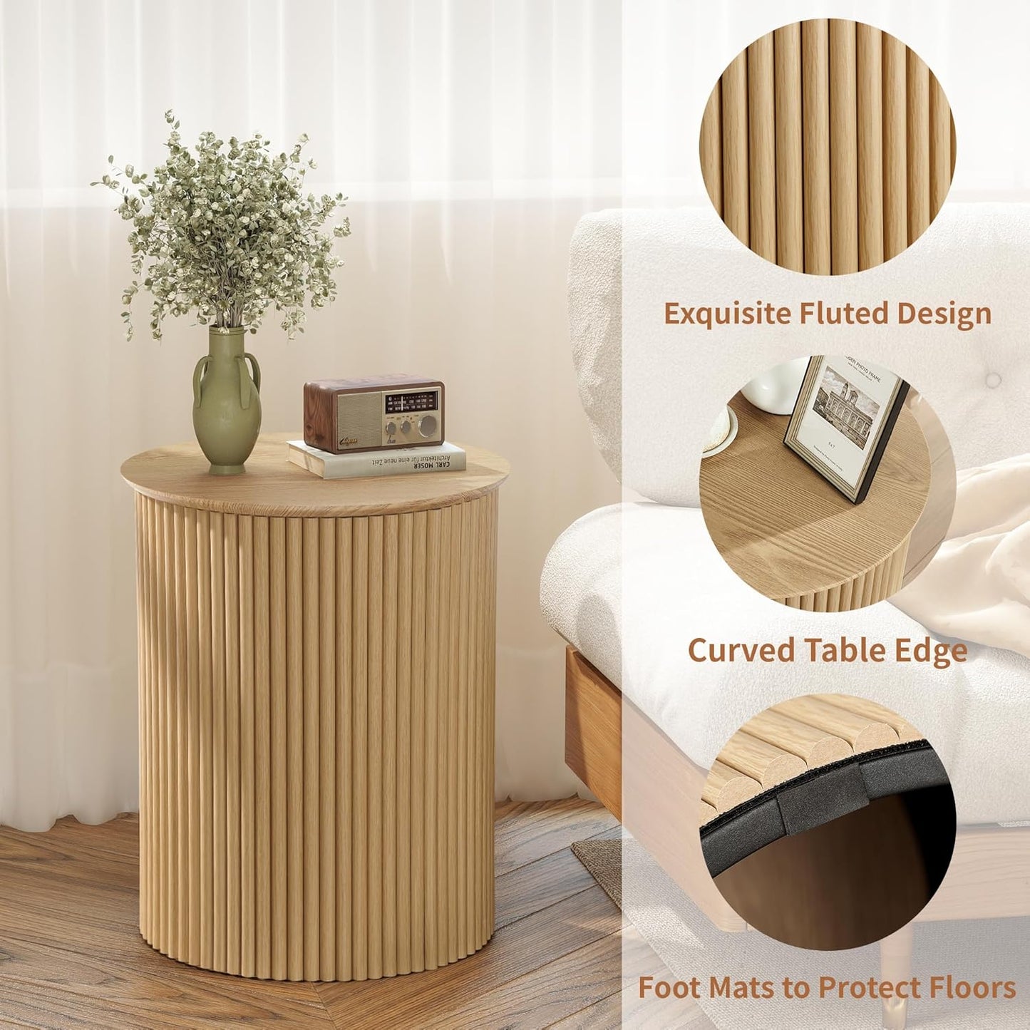 AVZEAR Small Round Side Table Fluted Night Stand Set of 2, Modern Boho End Table with Storage