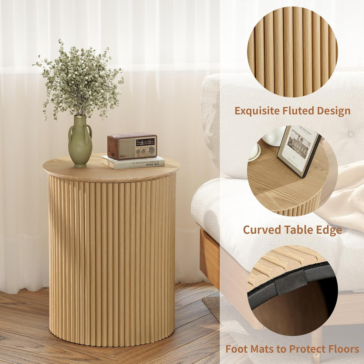 AVZEAR Small Round Side Table Fluted Night Stand Set of 2, Modern Boho End Table with Storage