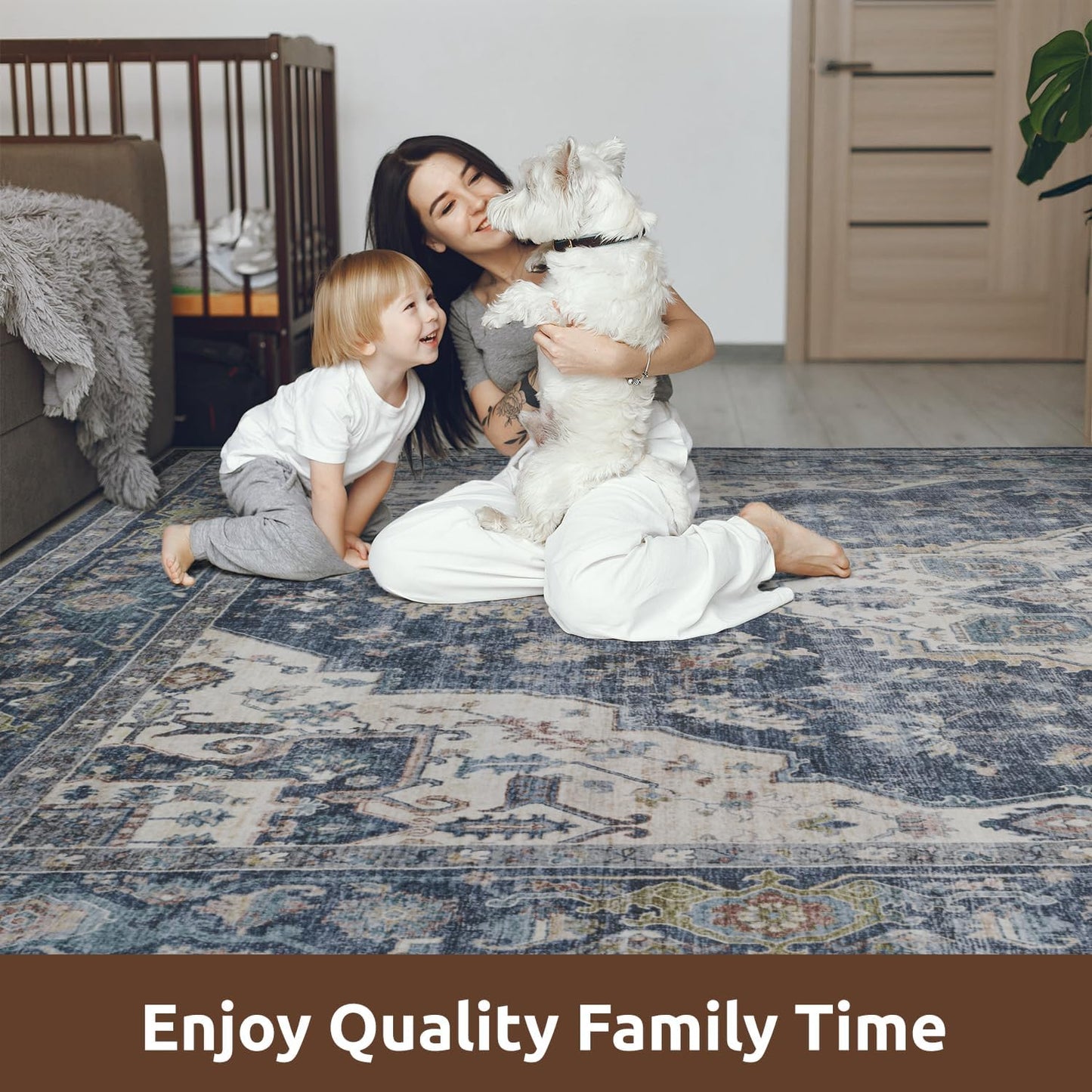 AMOAMI-Area Rug 9X12 Rugs for Living Room-Vintage Soft Blue Rugs for Bedroom-Non Slip