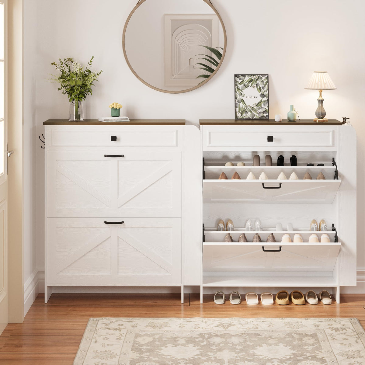 IRONCK Shoe Storage Cabinet with 2 Flip Drawers & Barn Door, White/Walnut