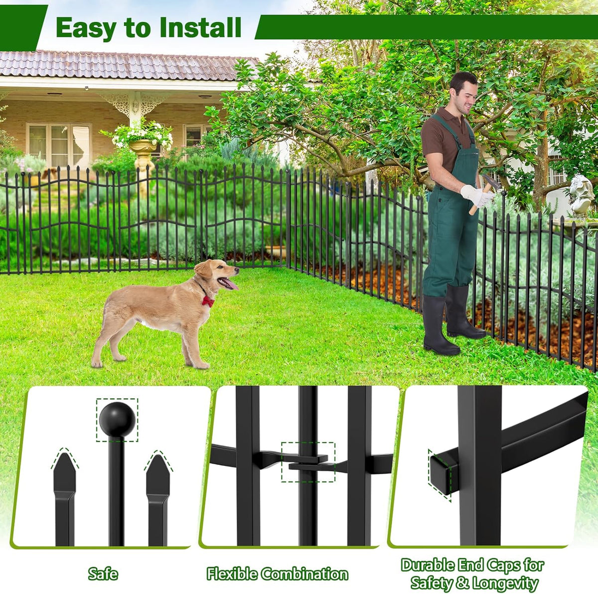 10 Panels No Dig Decorative Garden Fence - 32in H x 22.5ft L, Tall Heavy-Duty Square Tube Animal