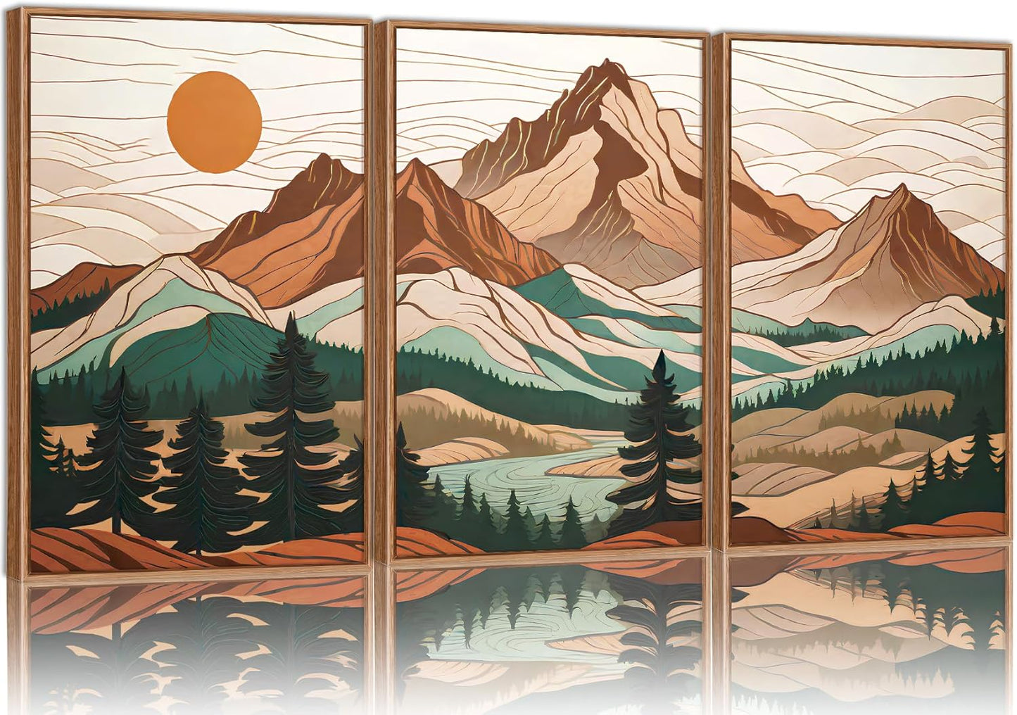 Tinonedraw Mountain Framed Canvas Wall Art Set of 3, Sunrise Forest Woodland Landscape Art Prints