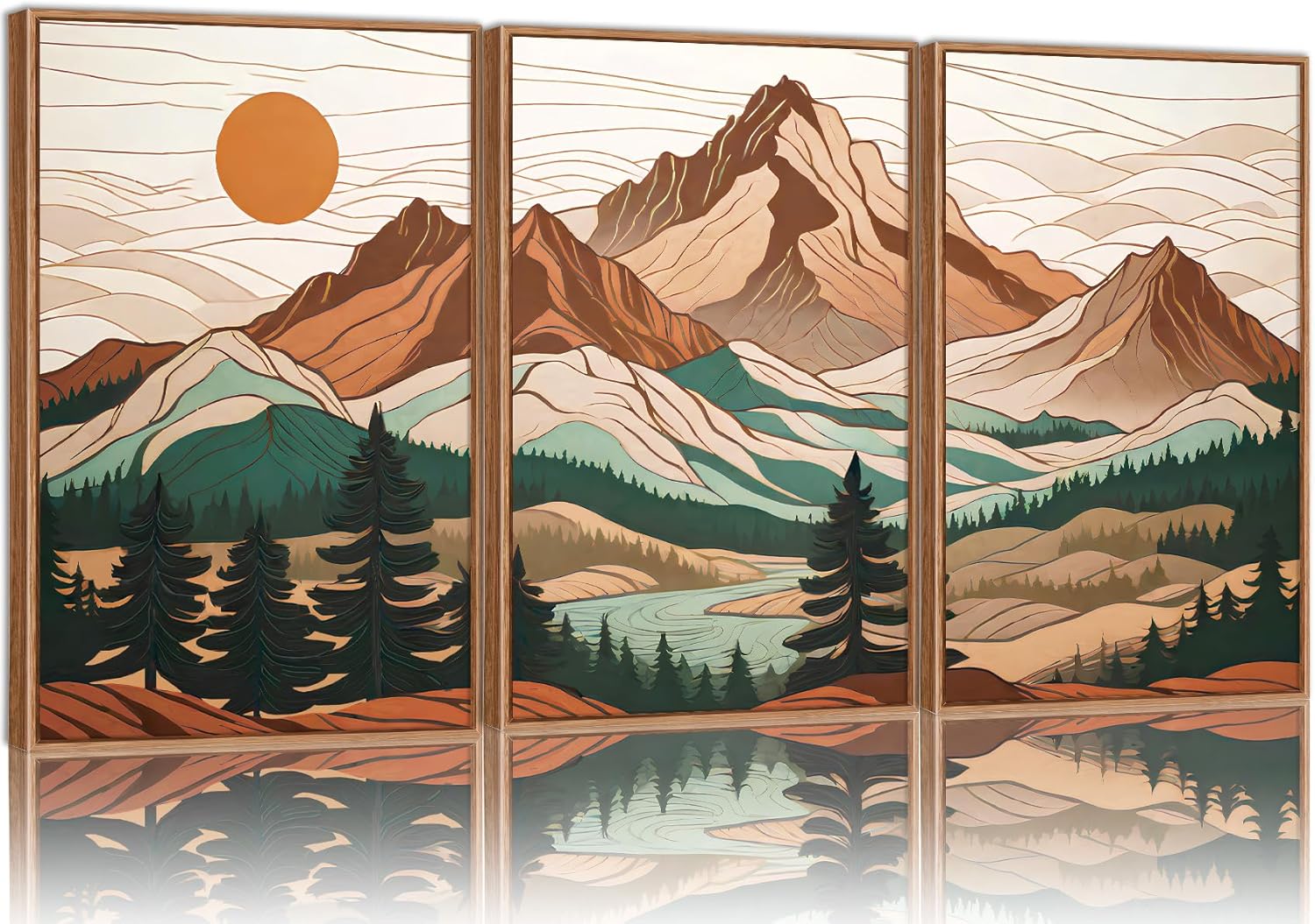 Tinonedraw Mountain Framed Canvas Wall Art Set of 3, Sunrise Forest Woodland Landscape Art Prints