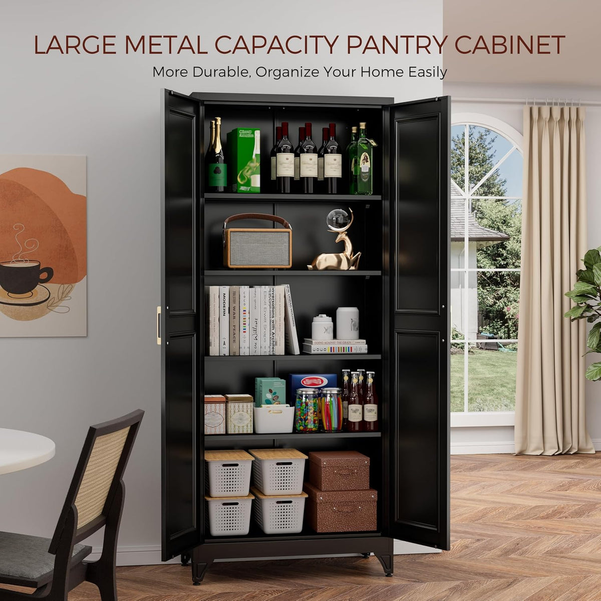 75" Kitchen Pantry Cabinet, Black Metal Storage Cabinets with 2 Doors and 4 Adjustable Shelves