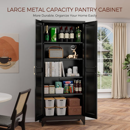 75" Kitchen Pantry Cabinet, Black Metal Storage Cabinets with 2 Doors and 4 Adjustable Shelves