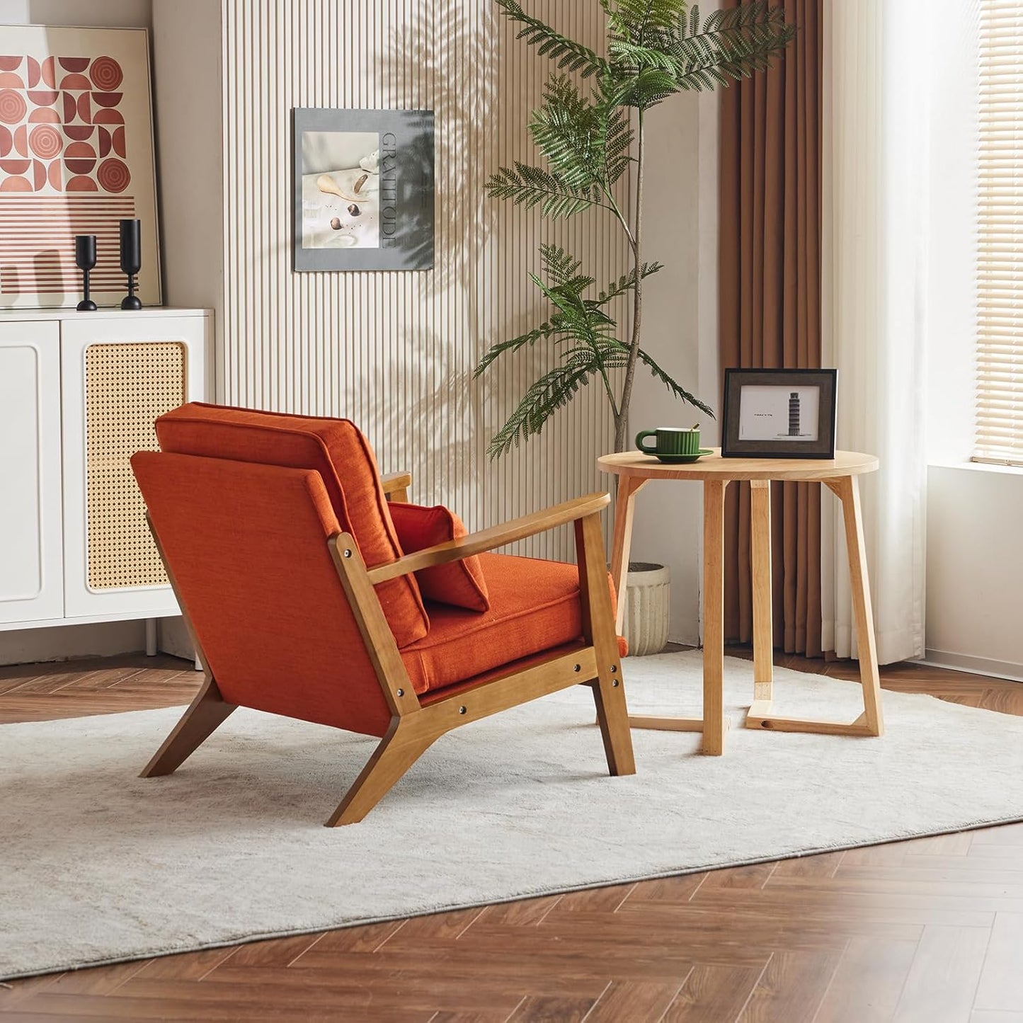 Karl home Accent Chair Wide Armrest Mid-Century Lounge Chair Linen Fabric Armchair with Lumbar