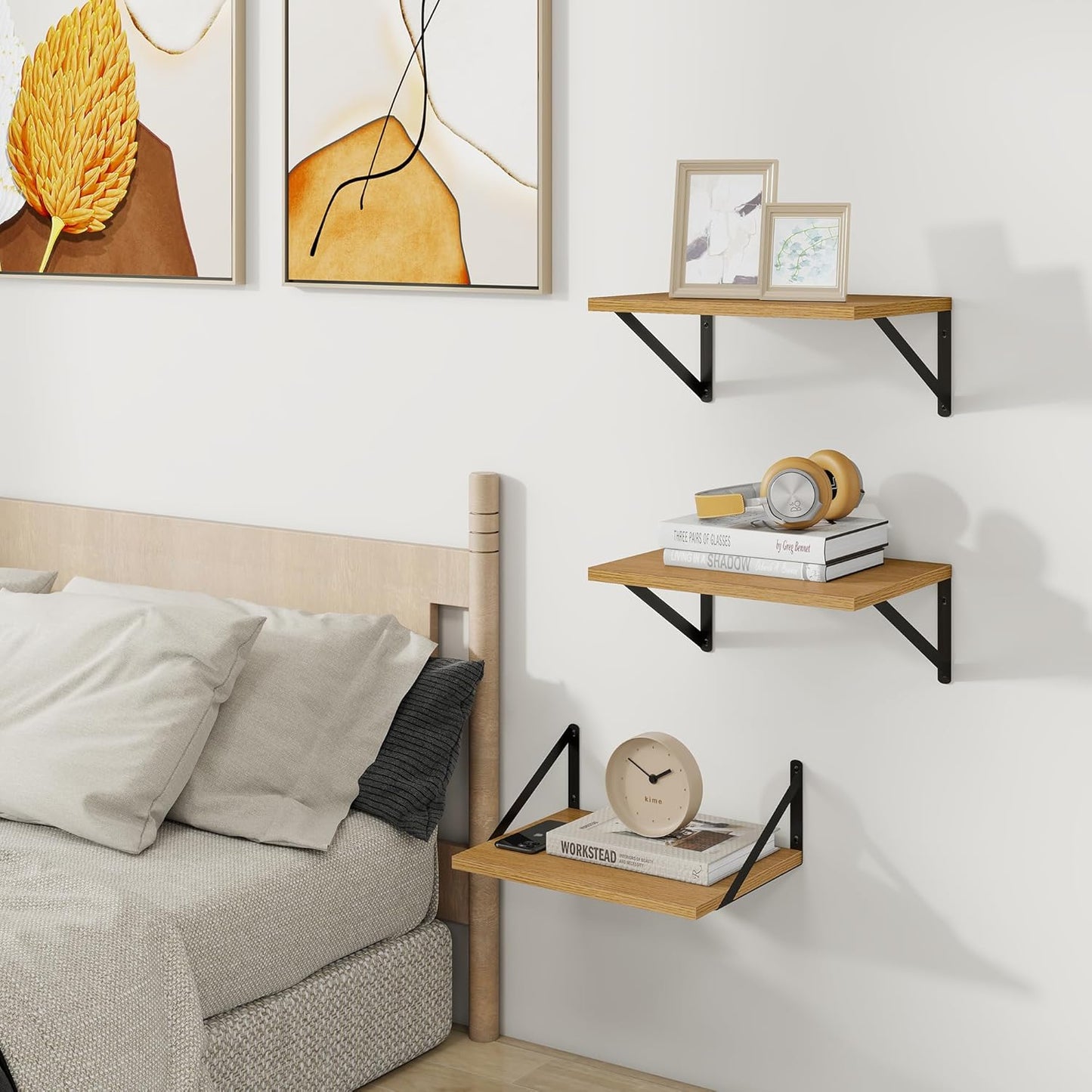 Heimlove Deep Floating Shelves for Wall, 12 Inch Deep Floating Shelves Set of 3, 16W x 12D Wood
