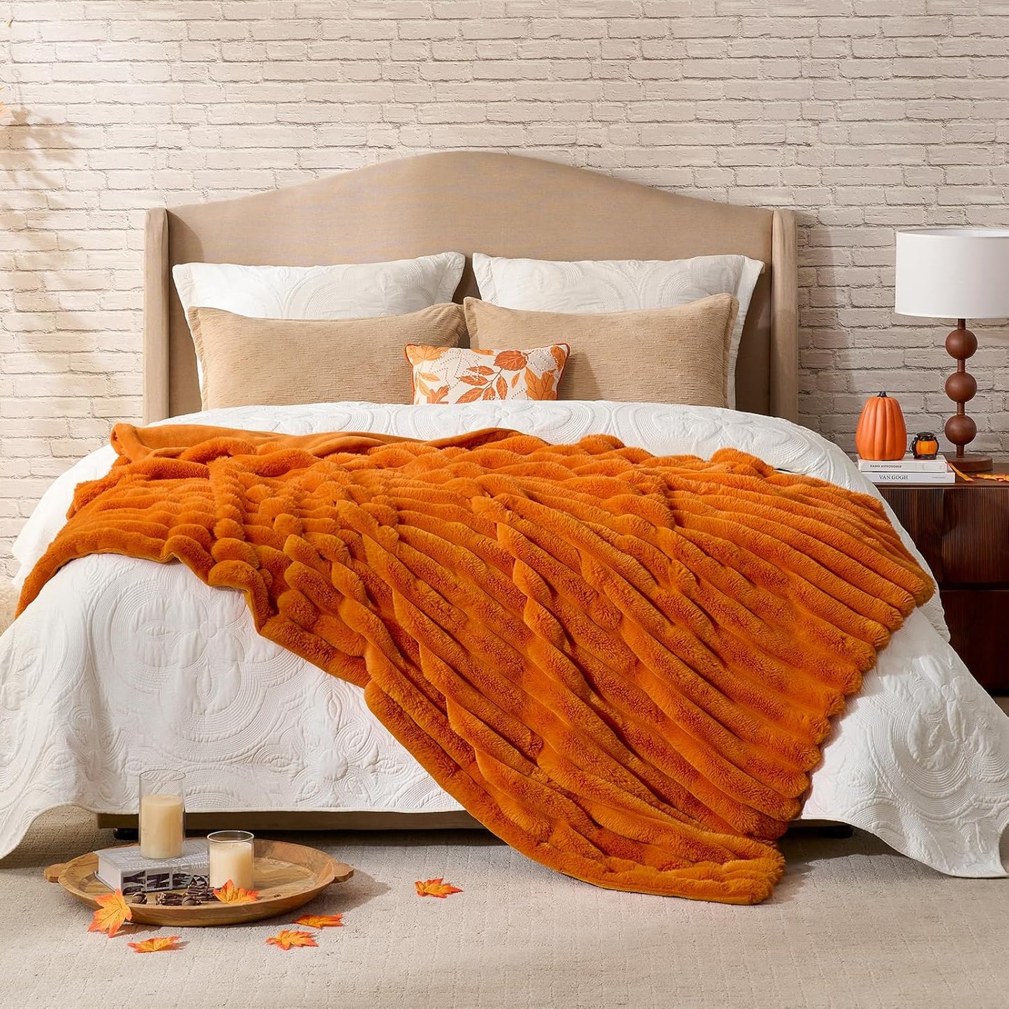 Cozy Bliss Fall Harvest Faux Fur Throw Blanket for Couch, Cozy Warm Plush Striped Blanket for for