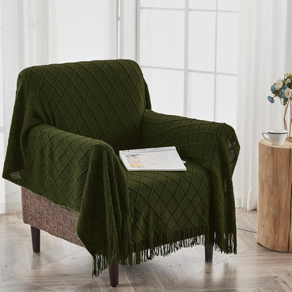 inhand Knitted Throw Blankets for Couch and Bed, Soft Cozy Knit Blanket with Tassel, Dark Green