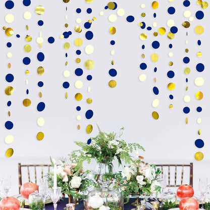 46 Ft Navy Blue and Gold Circle Dots Garland Royal Blue Hanging Paper Polka Dot Streamer for