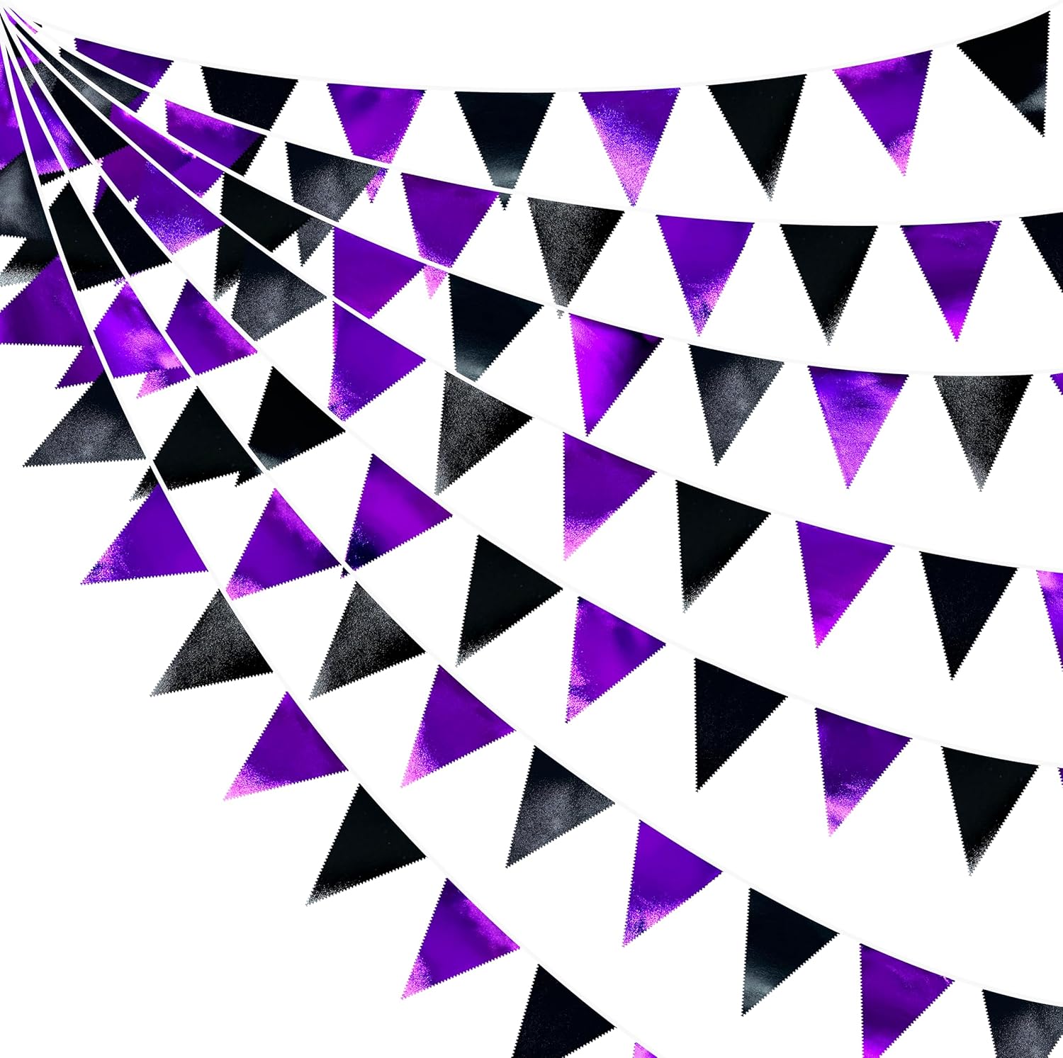 Purple and Black Party Decorations Metallic Fabric Triangle Pennant Banner Flag Bunting Garland for
