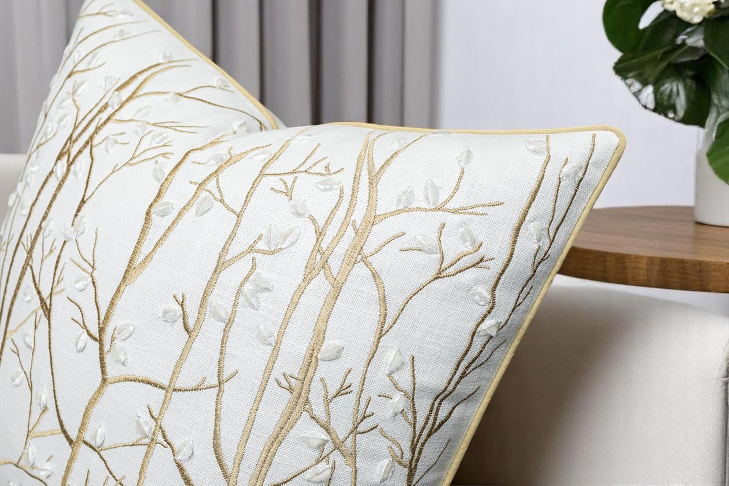 VAGMINE Embroidered Forest Throw Pillow Cover - 20x20 Inches Square - 100% Cotton Ivory Decorative