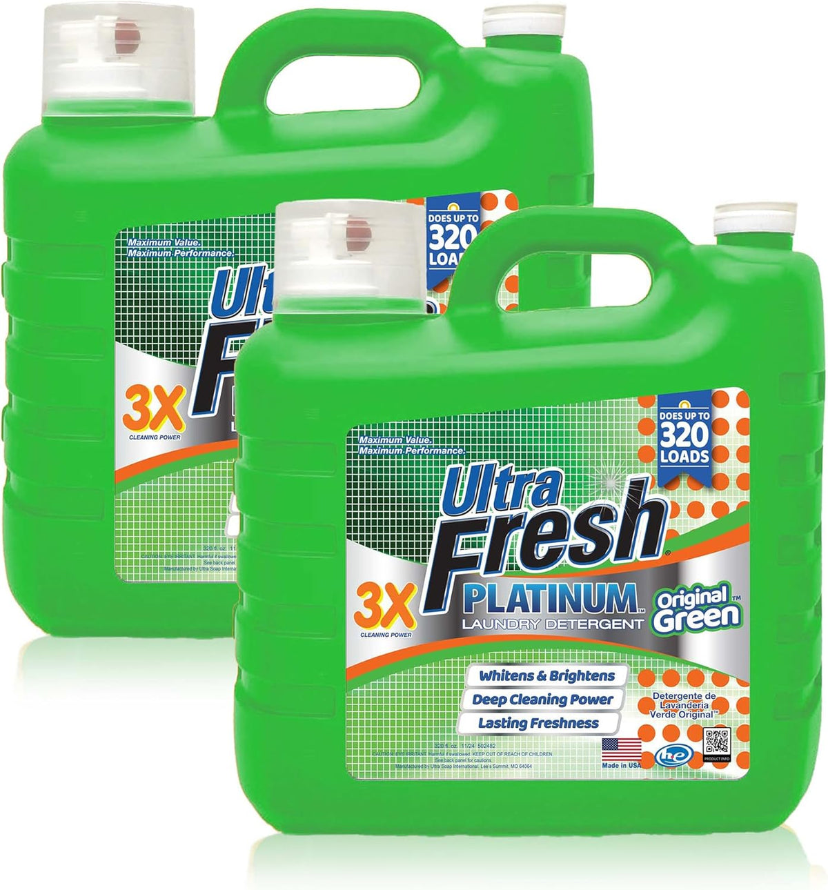 Ultra Fresh 2 Pack 3X Platinum Liquid Laundry Detergent up to 320 Loads, Original Green - Deep