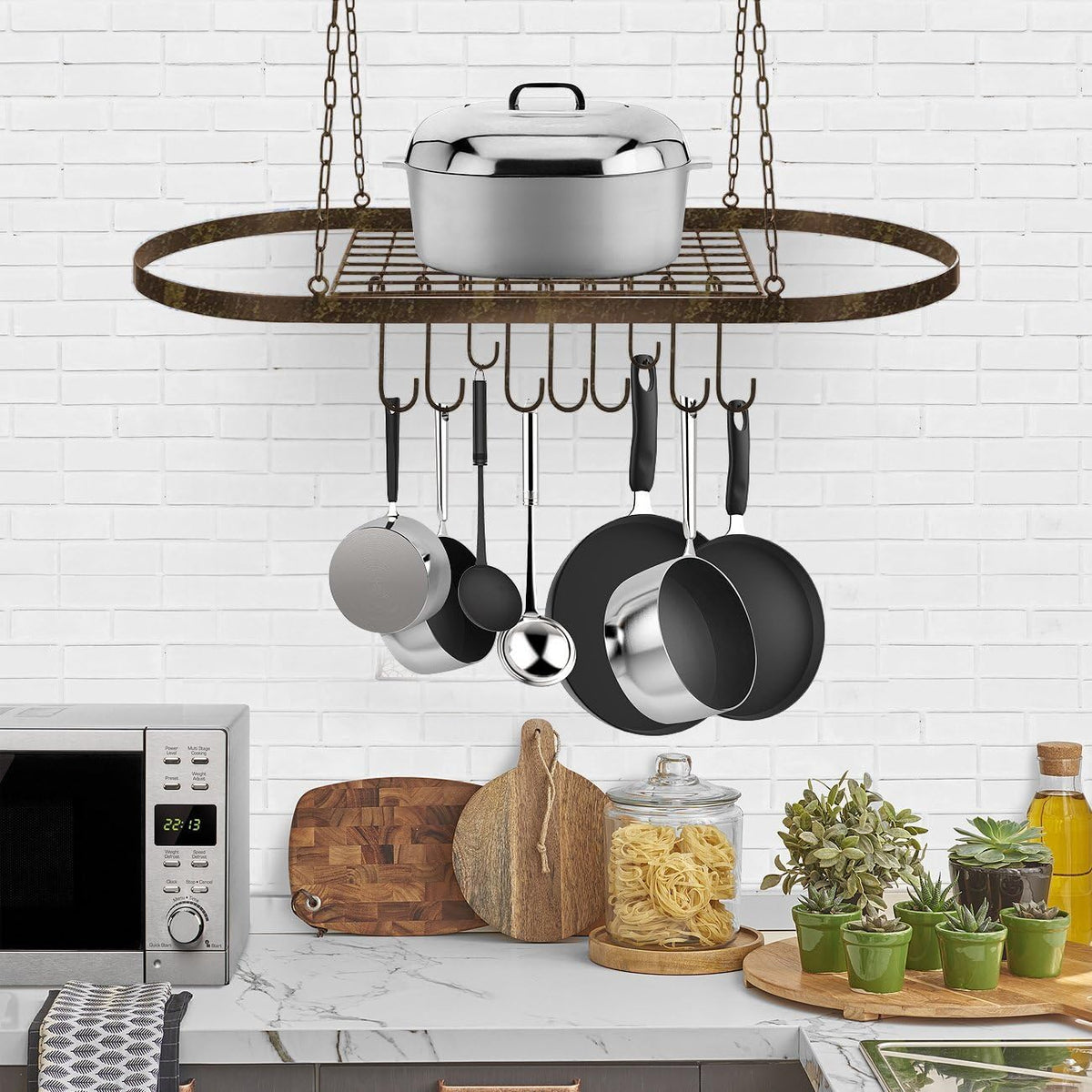 Sorbus® Pot and Pan Rack for Ceiling with Hooks — Decorative Oval Mounted Storage Rack
