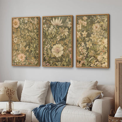 SIGNINART Vintage Floral Framed Canvas Wall Art Set of 3, Mid Century Modern Wildflower Wall Decor
