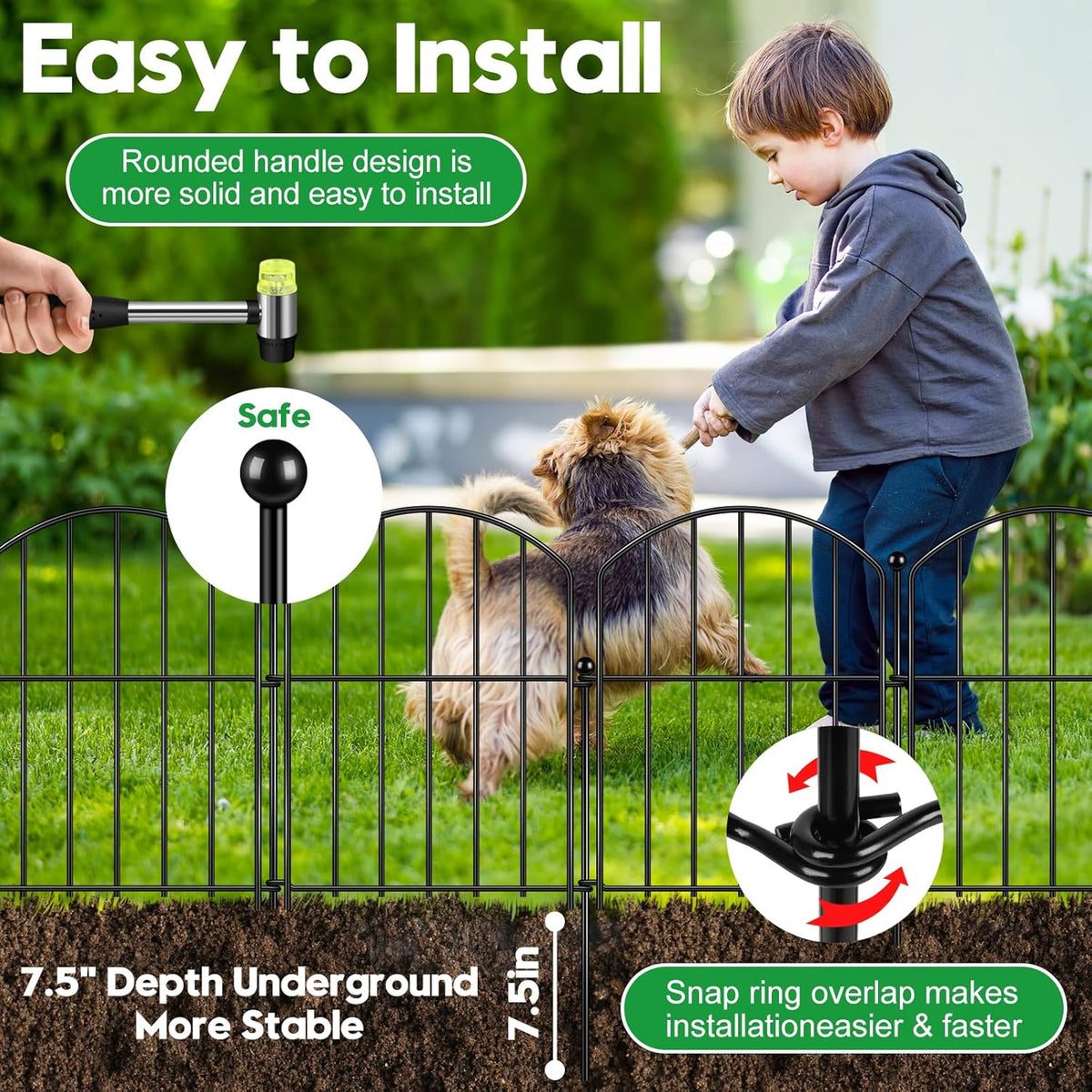 Decorative Garden Fence 17in (H) x10ft (L), Arched Rustproof Metal No Dig Fence for Dogs & Rabbit