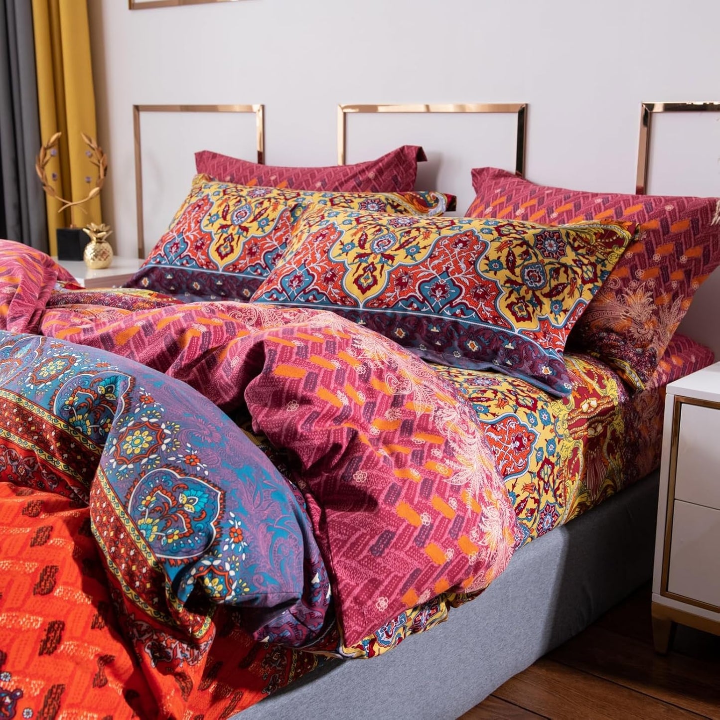 ABREEZE Bohemian Duvet Cover Set Colorful Orange Boho Retro Bedding Set Damask Paisley Cotton Duvet