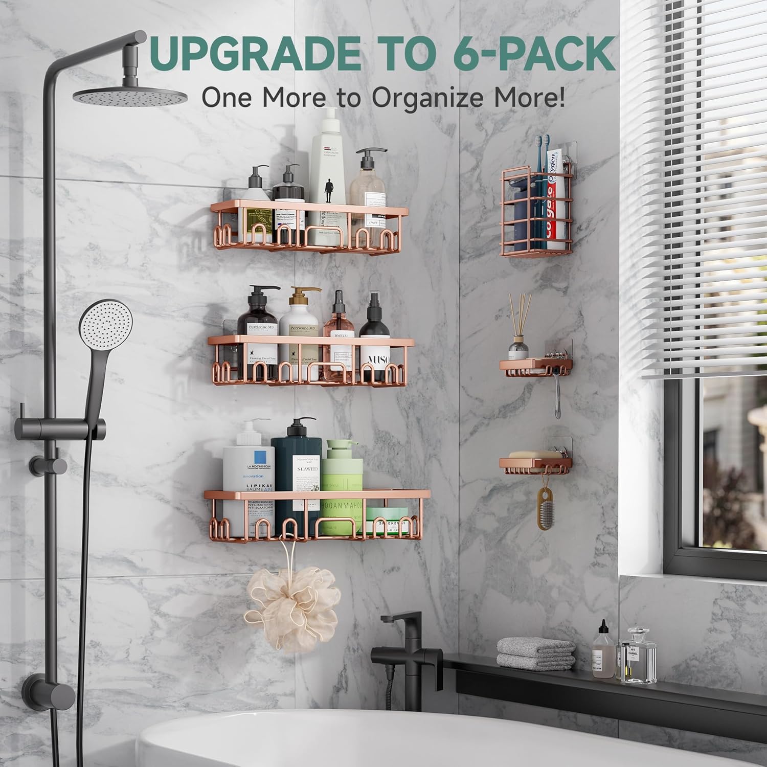 Veken Shower Caddy 6-Pack, No Drilling & Rustproof, Waterproof Adhesive Shelves Rack with Soap