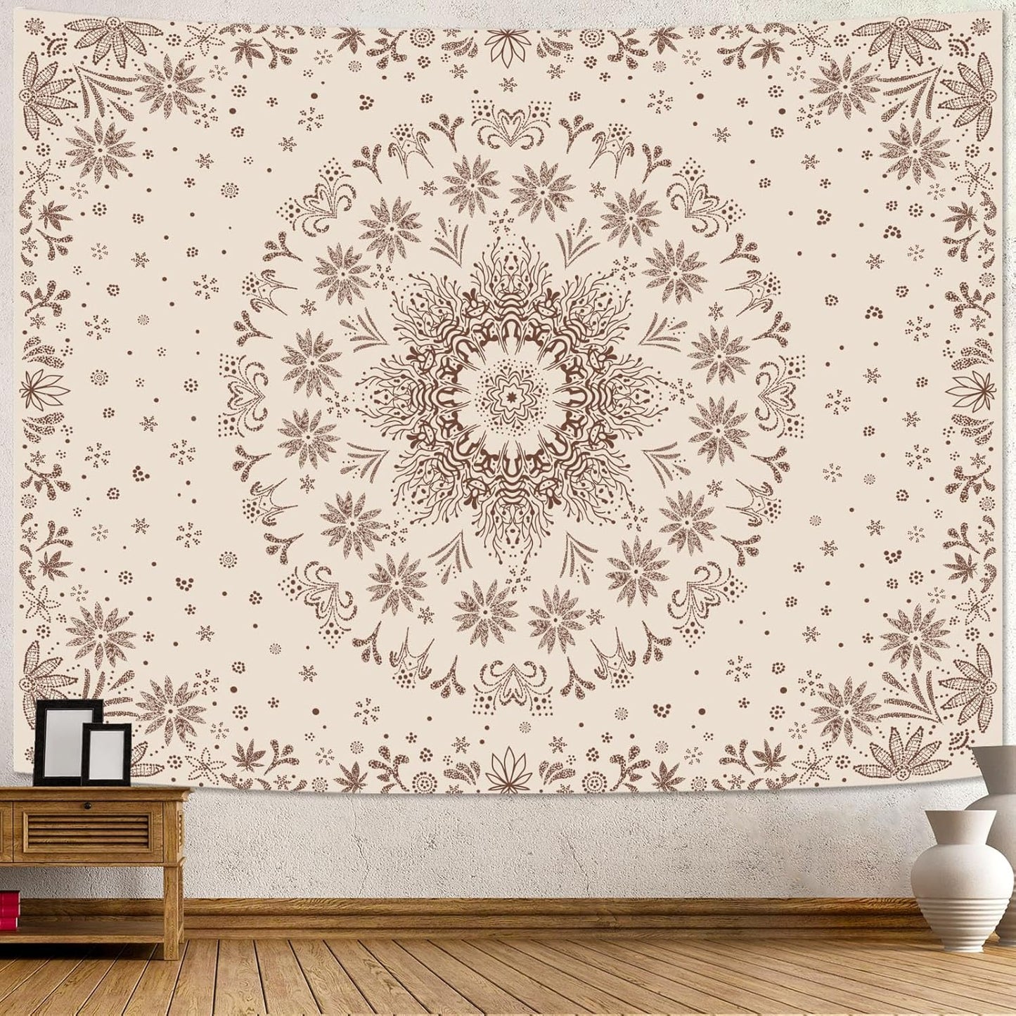 Fowocu Boho Floral Mandala Tapestry Wall Hanging Bohemian Flower Medallion Tapestry Aesthetic Beige