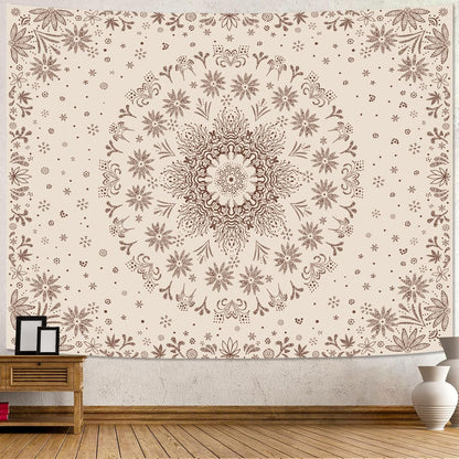 Fowocu Boho Floral Mandala Tapestry Wall Hanging Bohemian Flower Medallion Tapestry Aesthetic Beige
