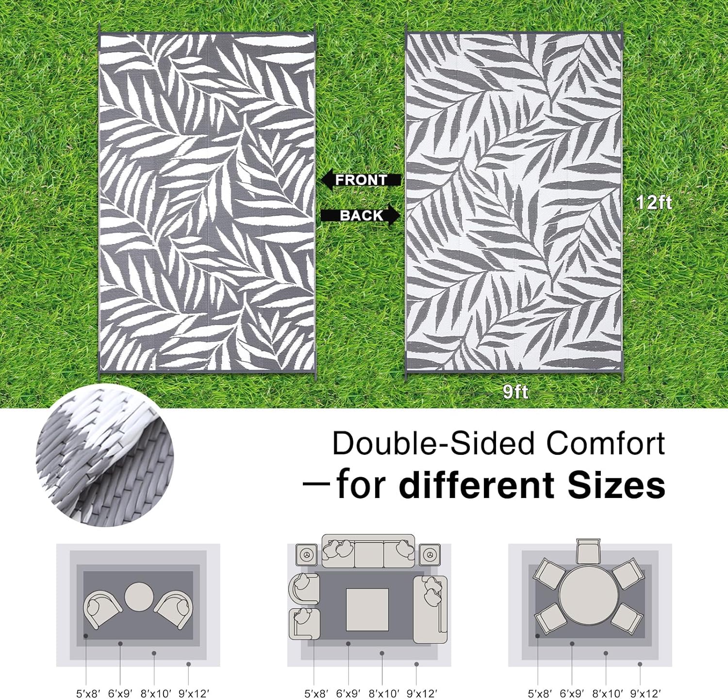 OLANLY Waterproof Outdoor Rug 9x12 ft, Reversible Outdoor Plastic Straw Rug with Leaf Pattern, RV