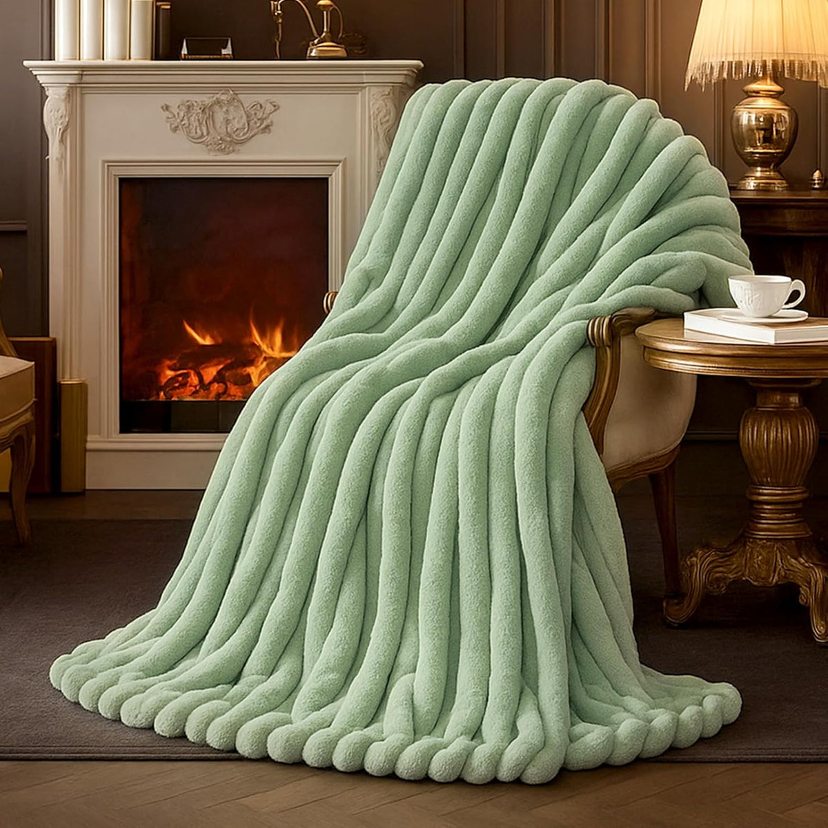 Amélie Home Faux Fur Throw Blanket for Couch, Cozy Fuzzy Fluffy Fur Luxurious Soft Striped Plush