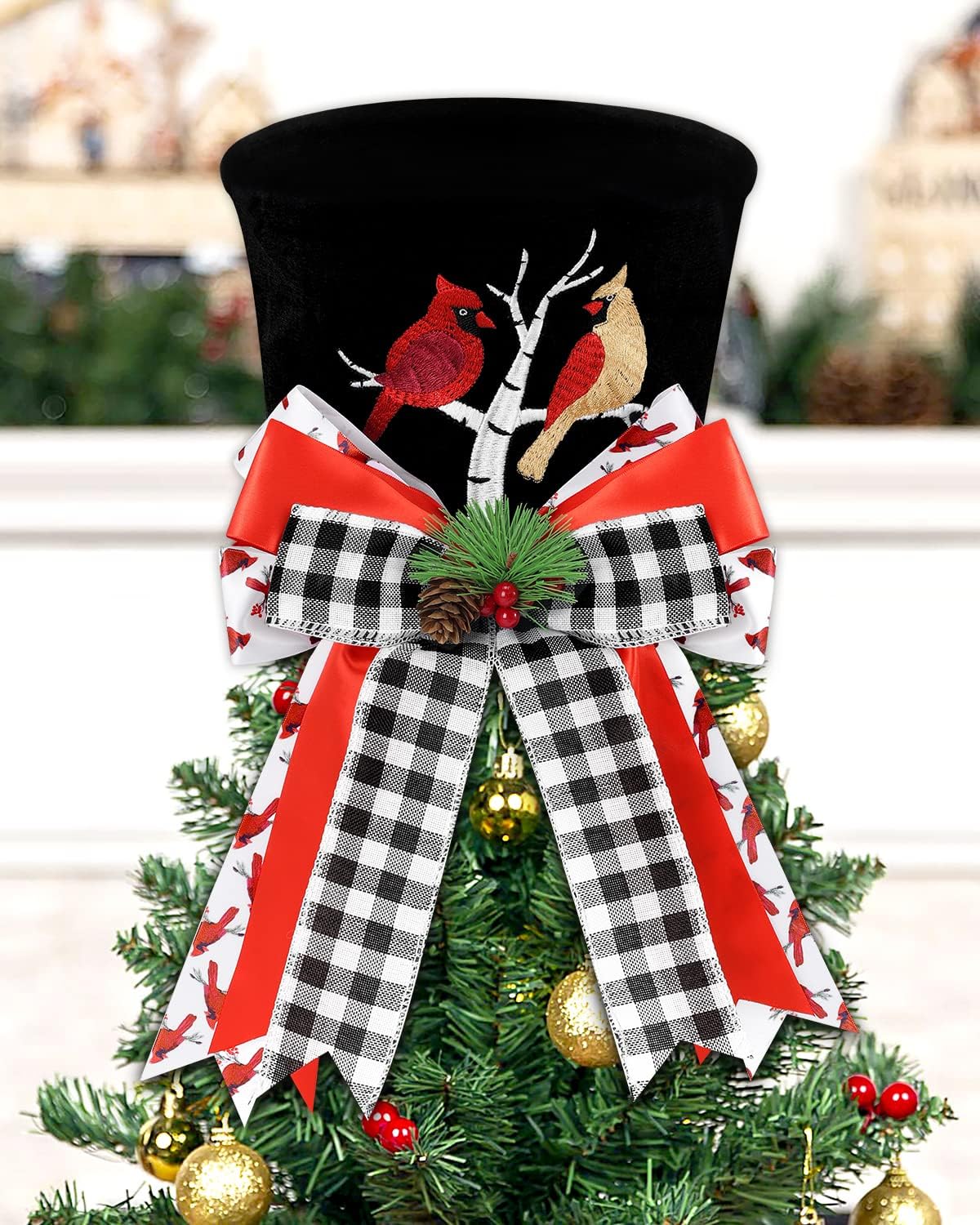 Cardinal Christmas Tree Topper Top Hat with Buffalo Plaid Check Bows Xmas Couple Cardinals on Tree