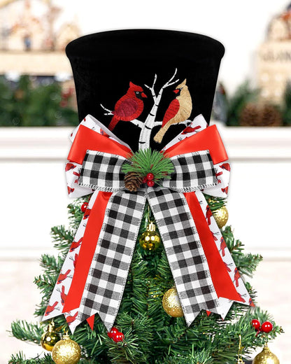 Cardinal Christmas Tree Topper Top Hat with Buffalo Plaid Check Bows Xmas Couple Cardinals on Tree