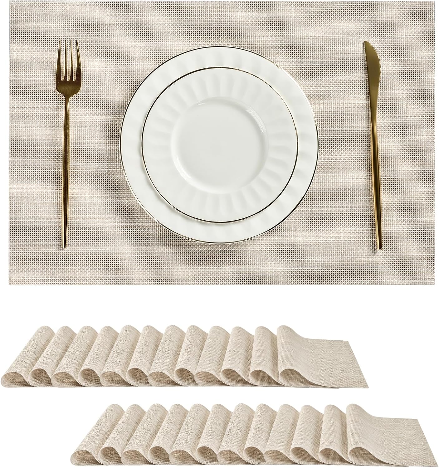 Leetaltree Beige White Placemats Set of 24 - Heat Resistant Non-Slip Place mats for Dining Table