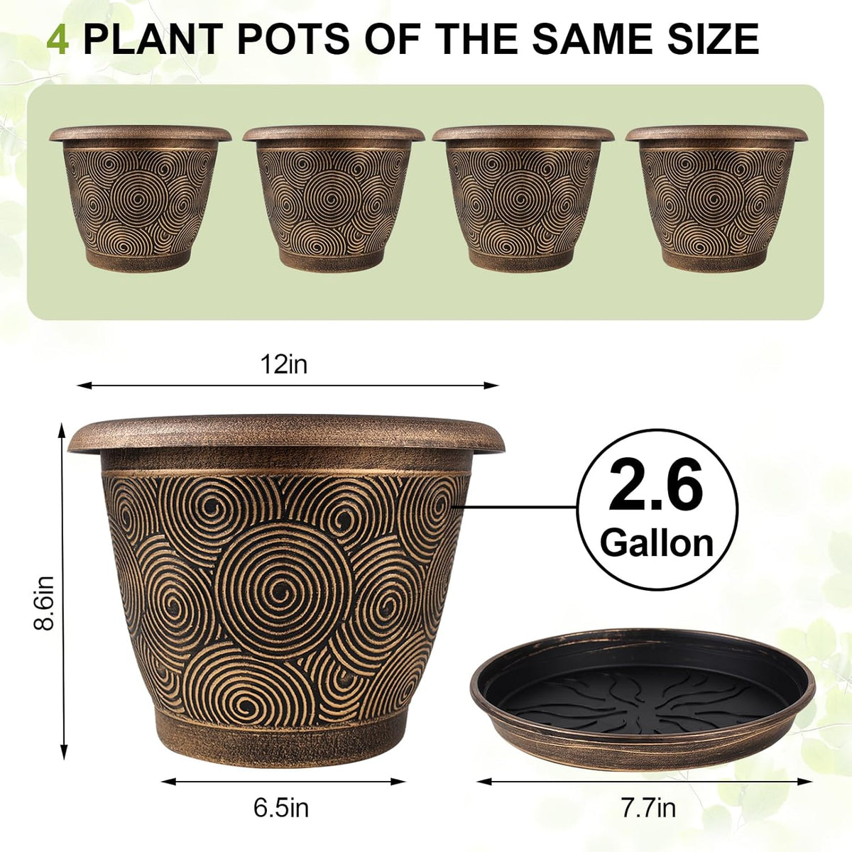 12 Inch Large Planter Pot for Plants Indoor Outdoor, 4 Pack Plastic Flower Pots with Drainage Hole
