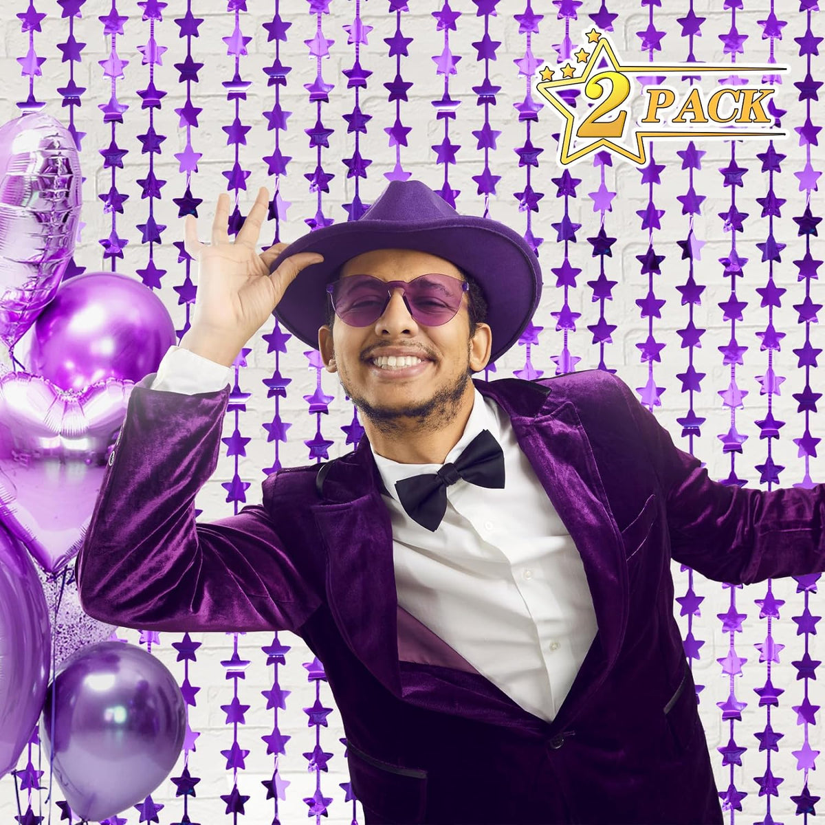 LOLStar 2Pack Purple Glitter Stars Birthday Decorations 3.3X6.6ft Each Lilac Purple Star Backdrop