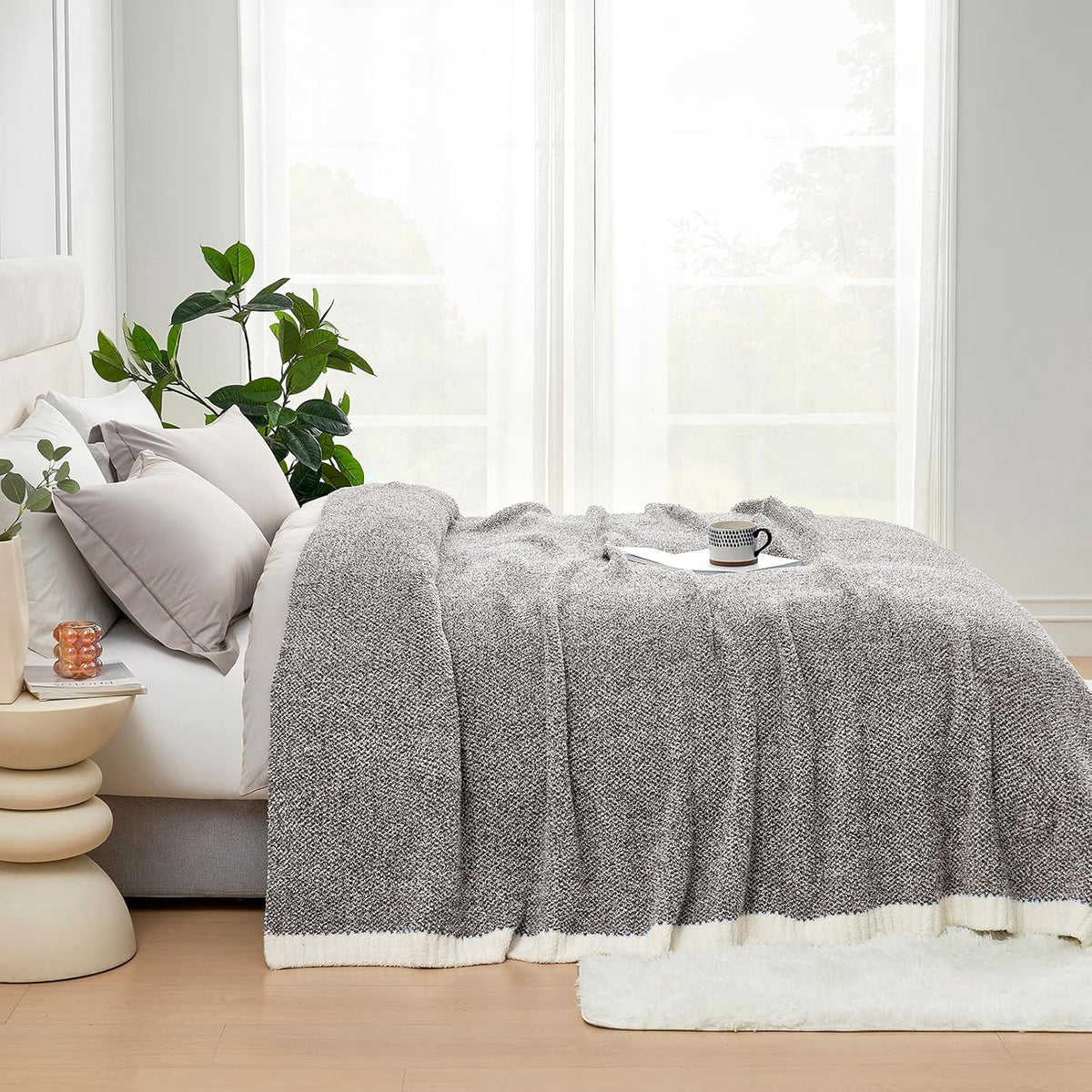 Snuggle Sac Oversized Grey Blanket Twin XL 66X90 for Bed, Reversible Super Soft Warm Cozy Knit