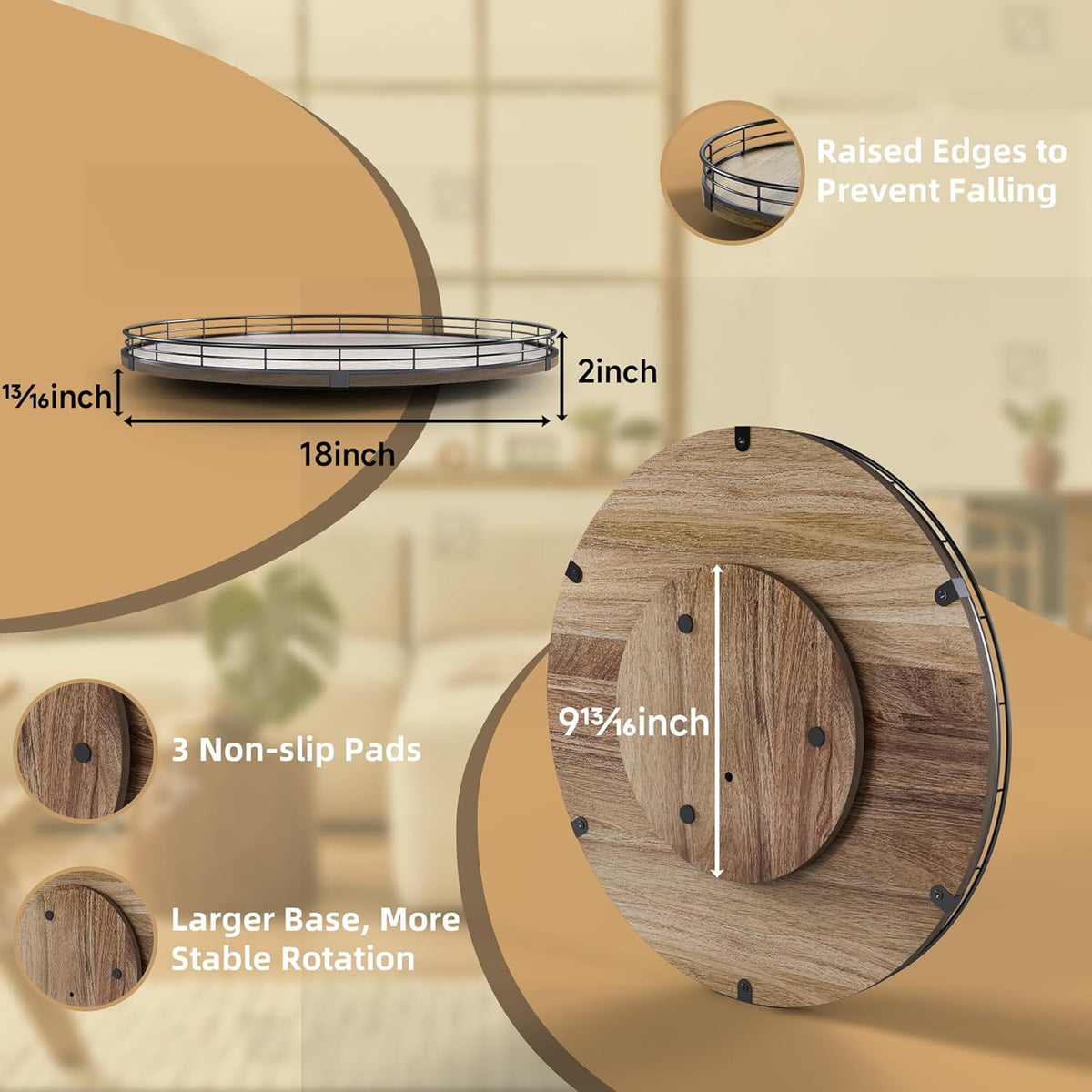 Acacia Wood 18" Lazy Susan Turntable Organizer for Table Top, Farmhouse Large Round Lazy Susan for