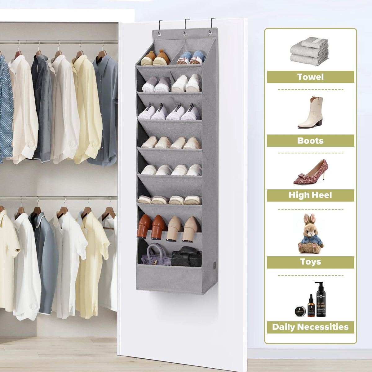 4 Pack Shoe Organizer with 6 Extra Large Pockets and 4 Large Pocket, Over the Door Sturdy Closet