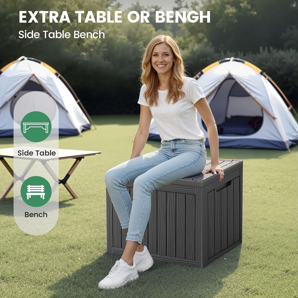 45 Outdoor Storage Box, Waterproof Resin Deck Box with Side Handles, Lockable Outdoor Bench for