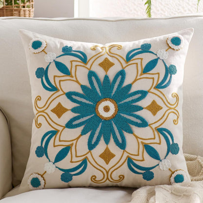Embroidered Throw Pillow Cover 18x18 Classic Boho Floral Pattern Pillows Cover Outdoor Decorative