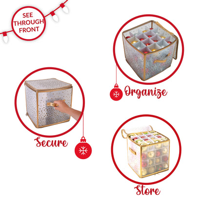 Simplify 64 Count Ornament Storage Box | Plastic | Decorative Organizer | Storage Bin | Gold | L12