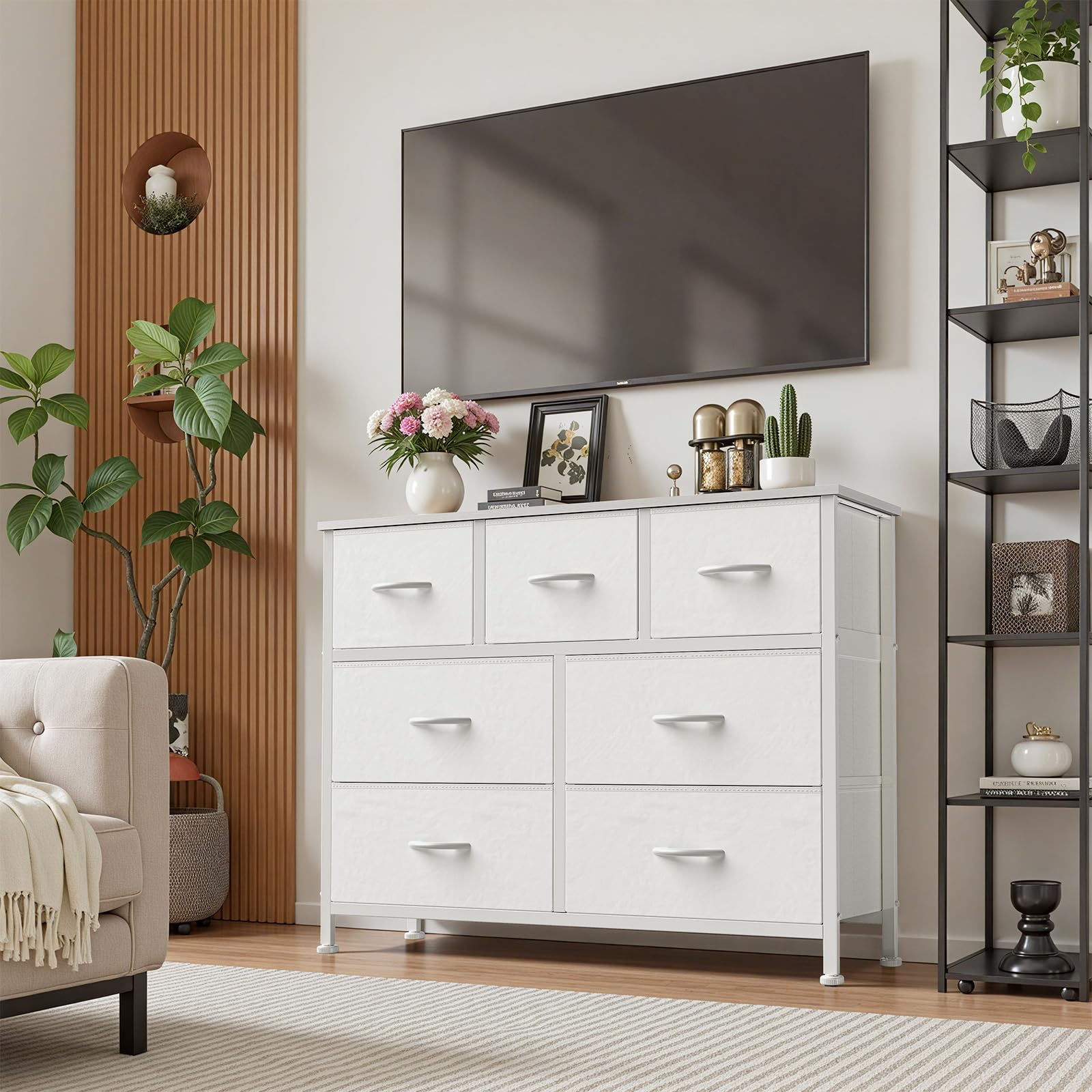 Sweetcrispy 7 Drawer Dresser for Bedroom Storage with Fabric Bins, White