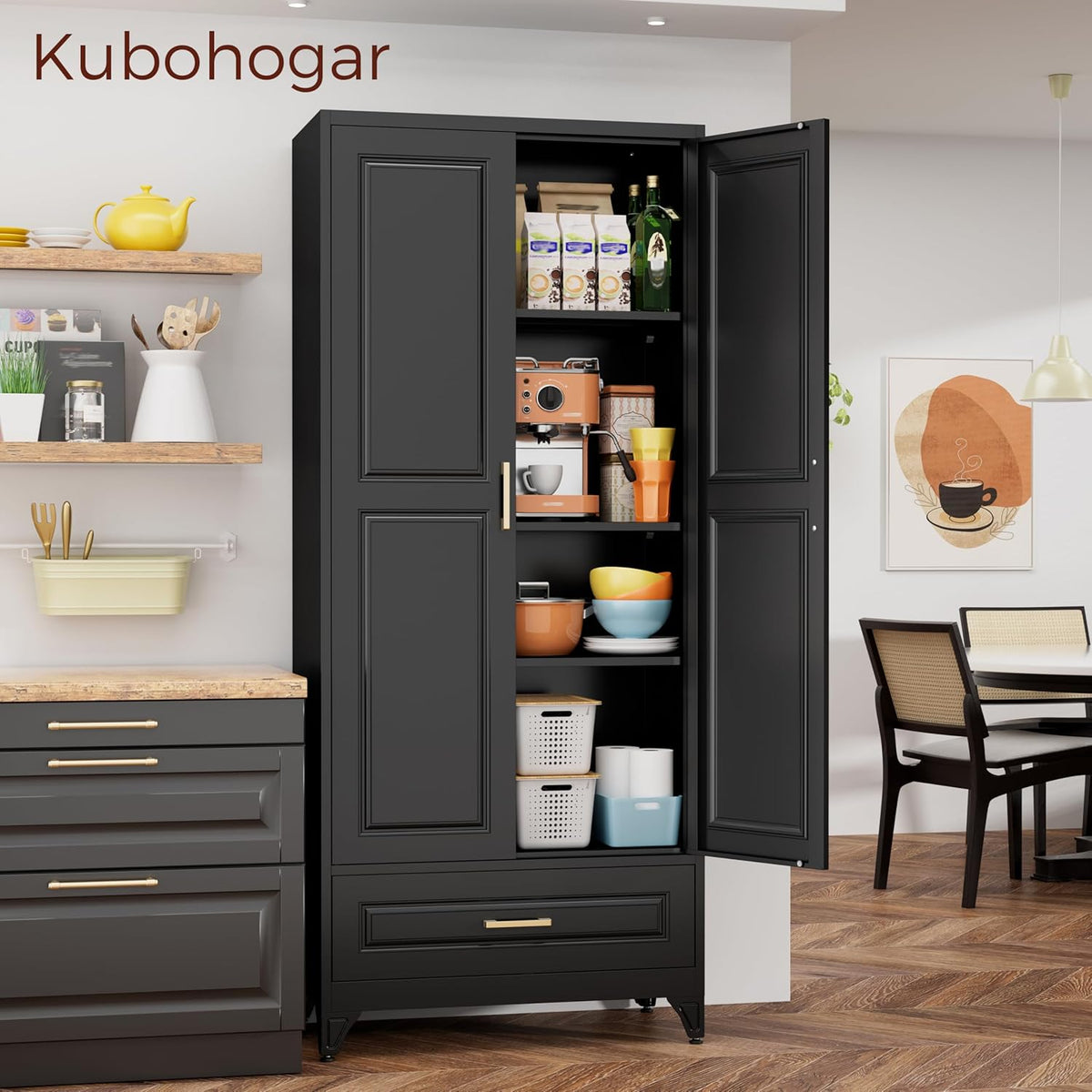 75" Kitchen Pantry Cabinet with Drawer, Metal Storage Cabinets with Doors and Adjustable Shelves