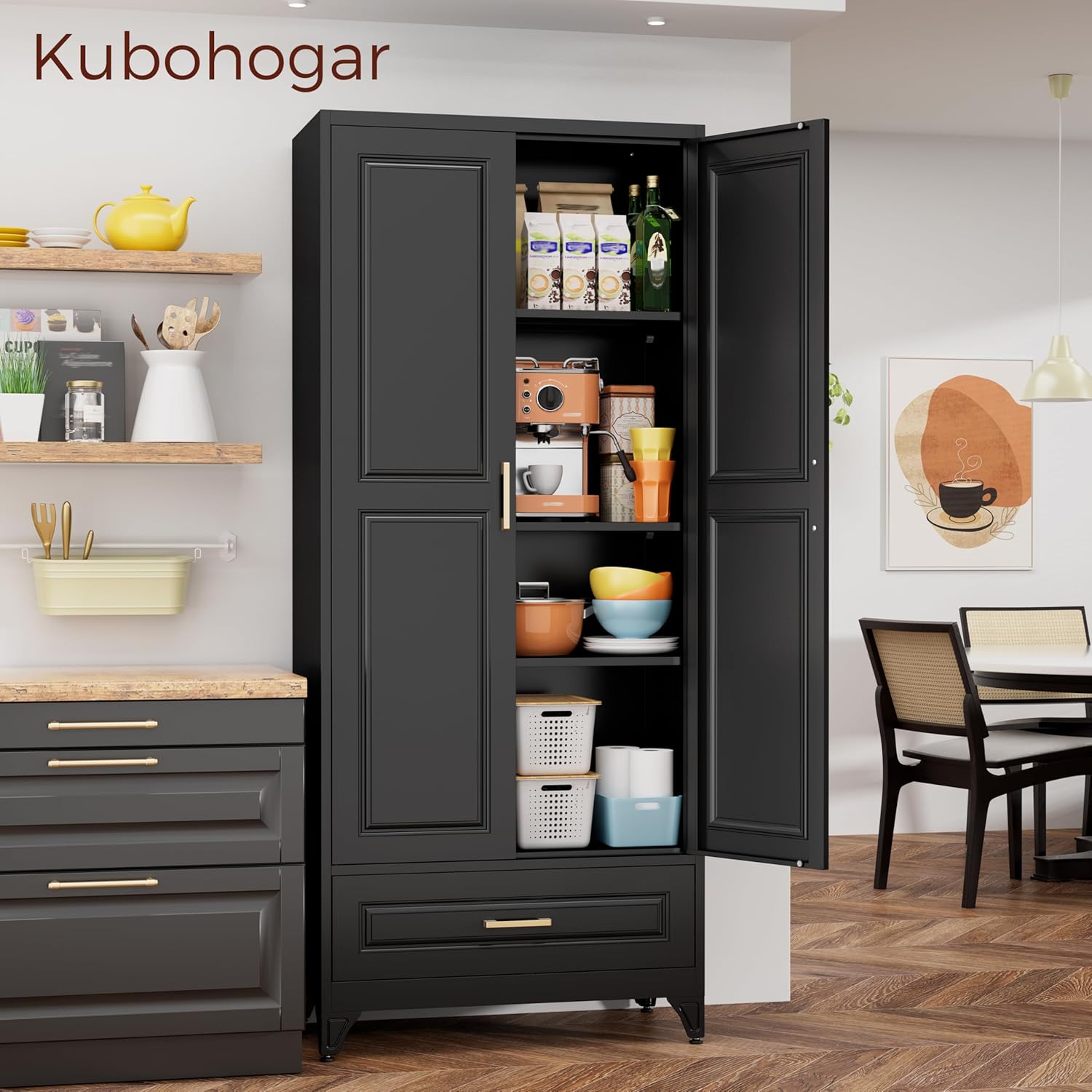 75" Kitchen Pantry Cabinet with Drawer, Metal Storage Cabinets with Doors and Adjustable Shelves